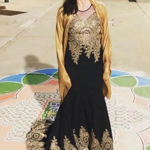 Navy blue and gold formal with train